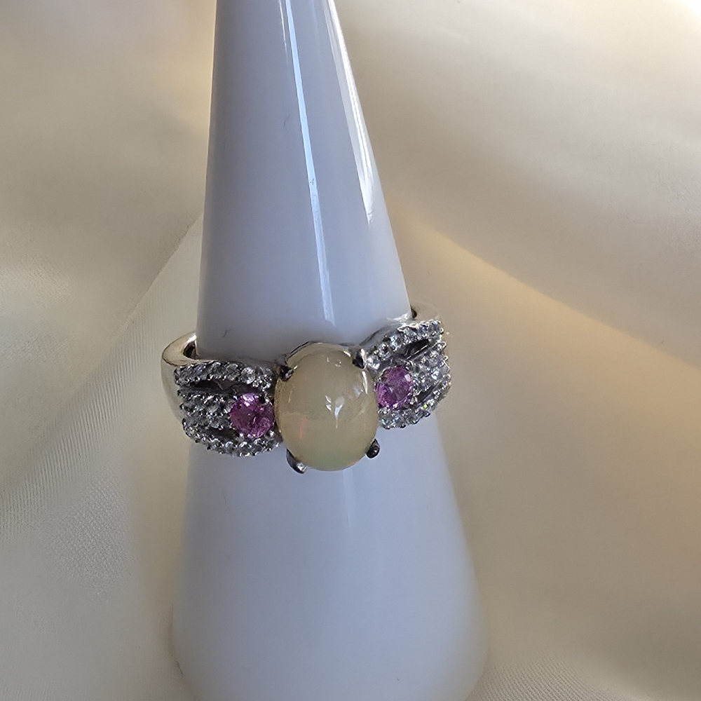 Ethiopian Welo Opal, Pink Sapphire And Cambodian Zircon Platinum Over SS Ring